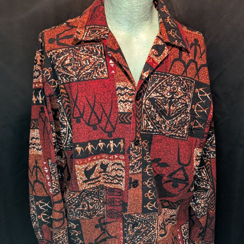 XL Mens Hawaiian Tiki Long Sleeve Shirt Tikiland.com Barkloth Petroglyphs VTG